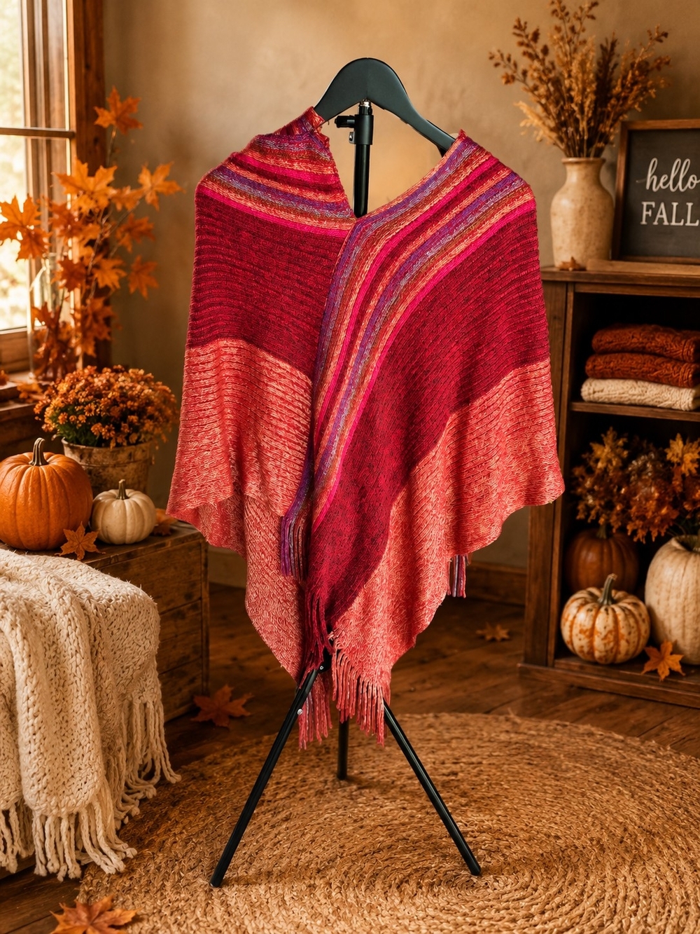 Distressed Vibrant Red & Pink Knit Poncho with Fringe